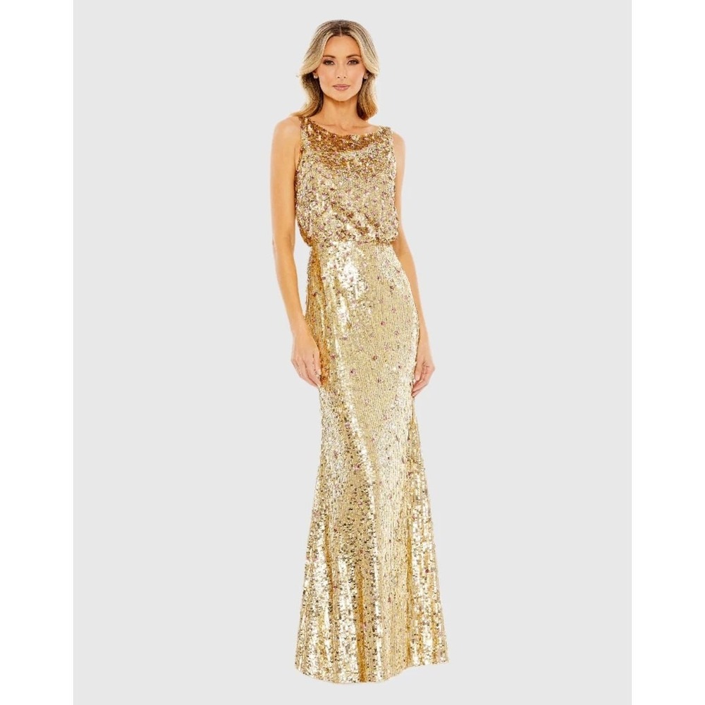 Mac Duggal 93645 Gold Sequined Sleeveless High Neck Formal Cocktail Gown Size 6